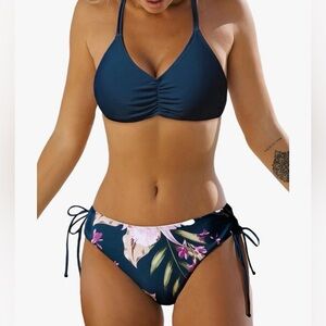 Cupshe Navy and Floral Bikini Set